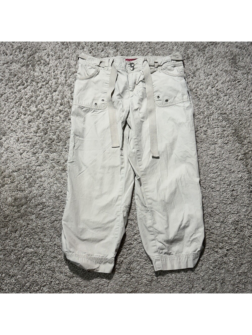 Vtg SO Y2K Cargo Capri Pants Beige Street Grunge Utility Tie Waist Size 9